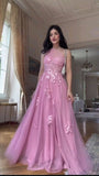 Pink One Shoulder A-Line Tulle Applique Long Prom Dresses Formal Evening Gowns HZ1024