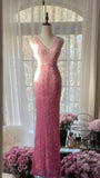 Gradient Pink Mermaid V Neck Chiffon Beading Long Prom Dresses Vintage Formal Evening Gowns HZ1024