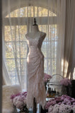 Tender Pink Spaghetti Straps Mermaid Lace Chiffon Prom Dresses Birthday Party Dresses HZ1024