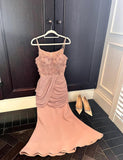 Spaghetti Straps Pink Satin Mermaid Appliques Prom Dresses Simple Evening Gowns HZ1024