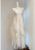 White Square Neck A-Line Printed Chiffon Prom Dresses Sweet Birthday Party Dress HZ1024