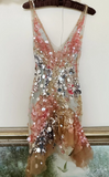 V-neck Bodycon Party Dress Sequin Chiffon Short Prom Dresses Sparkly Homecoming Dresses HZ1024