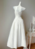 White Strapless A-Line Birthday Party Dress Satin Prom Dresses HZ1024