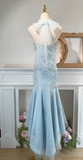 Blue Spaghetti Straps Tulle Mermaid Satin Sequin Prom Dresses Retro Birthday Evening Gowns HZ1024