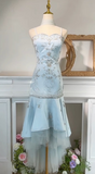 Blue Spaghetti Straps Tulle Mermaid Satin Sequin Prom Dresses Retro Birthday Evening Gowns HZ1024