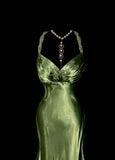 Green V-neck Satin Mermaid Long Prom Dresses Vintage Beaded Evening Dress HZ1024