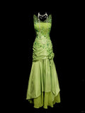 Bud Green V-neck Mermaid Satin Beaded Long Prom Dresses Evening Gowns with Appliques HZ1024