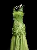 Bud Green V-neck Mermaid Satin Beaded Long Prom Dresses Evening Gowns with Appliques HZ1024