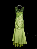 Bud Green V-neck Mermaid Satin Beaded Long Prom Dresses Evening Gowns with Appliques HZ1024