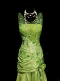 Bud Green V-neck Mermaid Satin Beaded Long Prom Dresses Evening Gowns with Appliques HZ1024