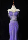 Purple Off Shoulder Mermaid Tulle Rhinestone Long Prom Dresses Formal Evening Gowns HZ1024
