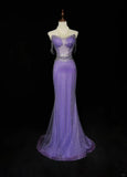 Purple Off Shoulder Mermaid Tulle Rhinestone Long Prom Dresses Formal Evening Gowns HZ1024