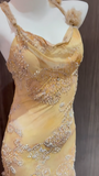 Yellow Straps Mermaid Chiffon Beading Long Prom Dresses Vintage Evening Gowns HZ1024