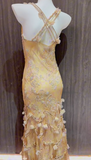 Yellow Straps Mermaid Chiffon Beading Long Prom Dresses Vintage Evening Gowns HZ1024
