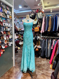 Turquoise Square Neck Mermaid Tulle Applique Long Prom Dresses Backless Formal Evening Gowns HZ1024