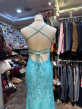 Turquoise Square Neck Mermaid Tulle Applique Long Prom Dresses Backless Formal Evening Gowns HZ1024