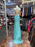 Turquoise Square Neck Mermaid Tulle Applique Long Prom Dresses Backless Formal Evening Gowns HZ1024