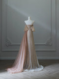 Light Champagne Strapless A-Line Tulle Beading Long Prom Dresses Formal Evening Gowns HZ1024