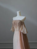 Light Champagne Strapless A-Line Tulle Beading Long Prom Dresses Formal Evening Gowns HZ1024
