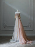 Light Champagne Strapless A-Line Tulle Beading Long Prom Dresses Formal Evening Gowns HZ1024