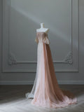 Light Champagne Strapless A-Line Tulle Beading Long Prom Dresses Formal Evening Gowns HZ1024