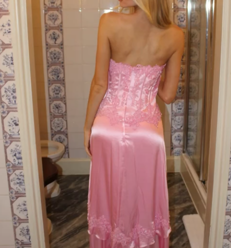 Pink Strapless Sheath Satin Lace Applique Prom Dresses Fashion Bridesmaid Dresses HZ1024