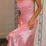 Pink Strapless Sheath Satin Lace Applique Prom Dresses Fashion Bridesmaid Dresses HZ1024