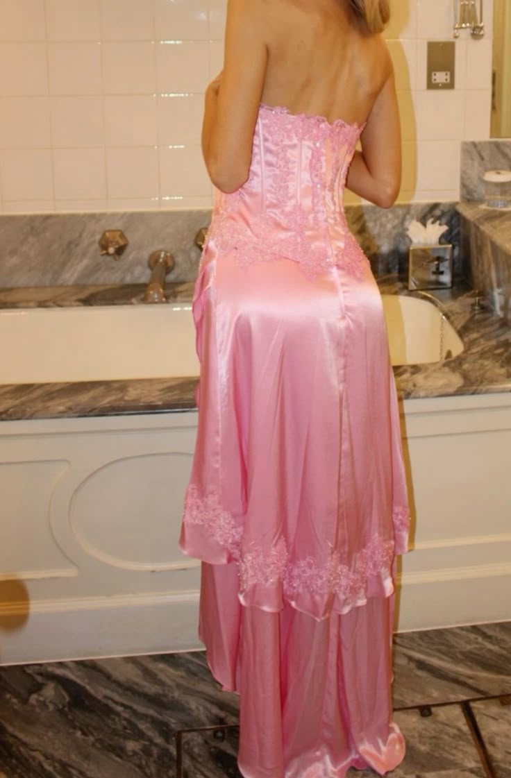 Pink Strapless Sheath Satin Lace Applique Prom Dresses Fashion Bridesmaid Dresses HZ1024