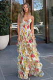 Blue Spaghetti Strap Party Dress Printed Chiffon A-Line Evening Gowns HZ1024