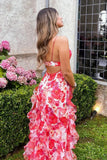 Blue Spaghetti Strap Party Dress Printed Chiffon A-Line Evening Gowns HZ1024