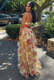 Blue Spaghetti Strap Party Dress Printed Chiffon A-Line Evening Gowns HZ1024