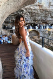 Blue Spaghetti Strap Party Dress Printed Chiffon A-Line Evening Gowns HZ1024