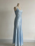 Grey Blue Spaghetti Straps Mermaid Satin Beading Party Dress HZ1024
