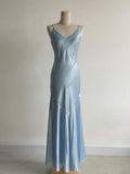 Grey Blue Spaghetti Straps Mermaid Satin Beading Party Dress HZ1024