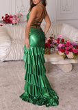 Green Spaghetti Straps Sheath Satin Long Prom Dresses Formal Evening Gowns with Slits HZ1024