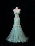 Tiffany Blue Sweetheart Neck Mermaid Tulle Long Prom Dresses Formal Evening Gowns with Lace Appliques HZ1024