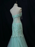 Tiffany Blue Sweetheart Neck Mermaid Tulle Long Prom Dresses Formal Evening Gowns with Lace Appliques HZ1024