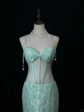 Tiffany Blue Sweetheart Neck Mermaid Tulle Long Prom Dresses Formal Evening Gowns with Lace Appliques HZ1024