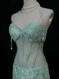 Tiffany Blue Sweetheart Neck Mermaid Tulle Long Prom Dresses Formal Evening Gowns with Lace Appliques HZ1024