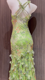 Green Spaghetti Straps Printed Chiffon Mermaid Beading Long Prom Dresses Vintage Evening Gowns HZ1024