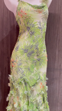 Green Spaghetti Straps Printed Chiffon Mermaid Beading Long Prom Dresses Vintage Evening Gowns HZ1024