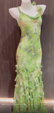 Green Spaghetti Straps Printed Chiffon Mermaid Beading Long Prom Dresses Vintage Evening Gowns HZ1024