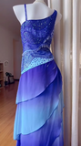 Blue Gradient Asymmetric Neck Sheath Chiffon Beaded Long Prom Dresses Vintage Evening Gowns HZ1024