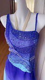 Blue Gradient Asymmetric Neck Sheath Chiffon Beaded Long Prom Dresses Vintage Evening Gowns HZ1024