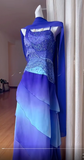 Blue Gradient Asymmetric Neck Sheath Chiffon Beaded Long Prom Dresses Vintage Evening Gowns HZ1024