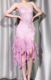 Pink Spaghetti Straps Sheath Chiffon Beaded Short Prom Dresses Vintage Evening Gowns HZ1024
