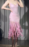 Pink Spaghetti Straps Sheath Chiffon Beaded Short Prom Dresses Vintage Evening Gowns HZ1024