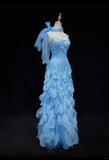 Blue Spaghetti Straps Sheath Chiffon Beaded Long Prom Dresses Sweet Birthday Evening Gowns HZ1024
