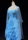 Blue Spaghetti Straps Sheath Chiffon Beaded Long Prom Dresses Sweet Birthday Evening Gowns HZ1024