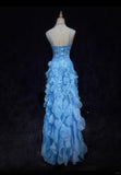 Blue Spaghetti Straps Sheath Chiffon Beaded Long Prom Dresses Sweet Birthday Evening Gowns HZ1024